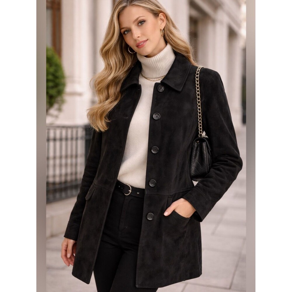 Preston & York Genuine Leather Coat Jacket Black Button Front Women’s L